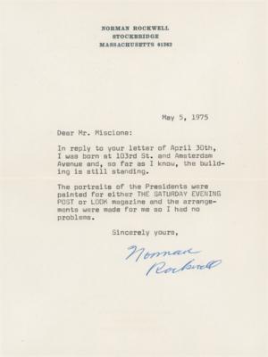 Lot #380 Norman Rockwell Typed Letter Signed: "The portraits of the Presidents were painted for either The Saturday Evening Post or Look magazine" - Image 1