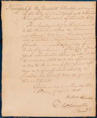 Lot #157 DeWitt Clinton Document Signed, Freeing a