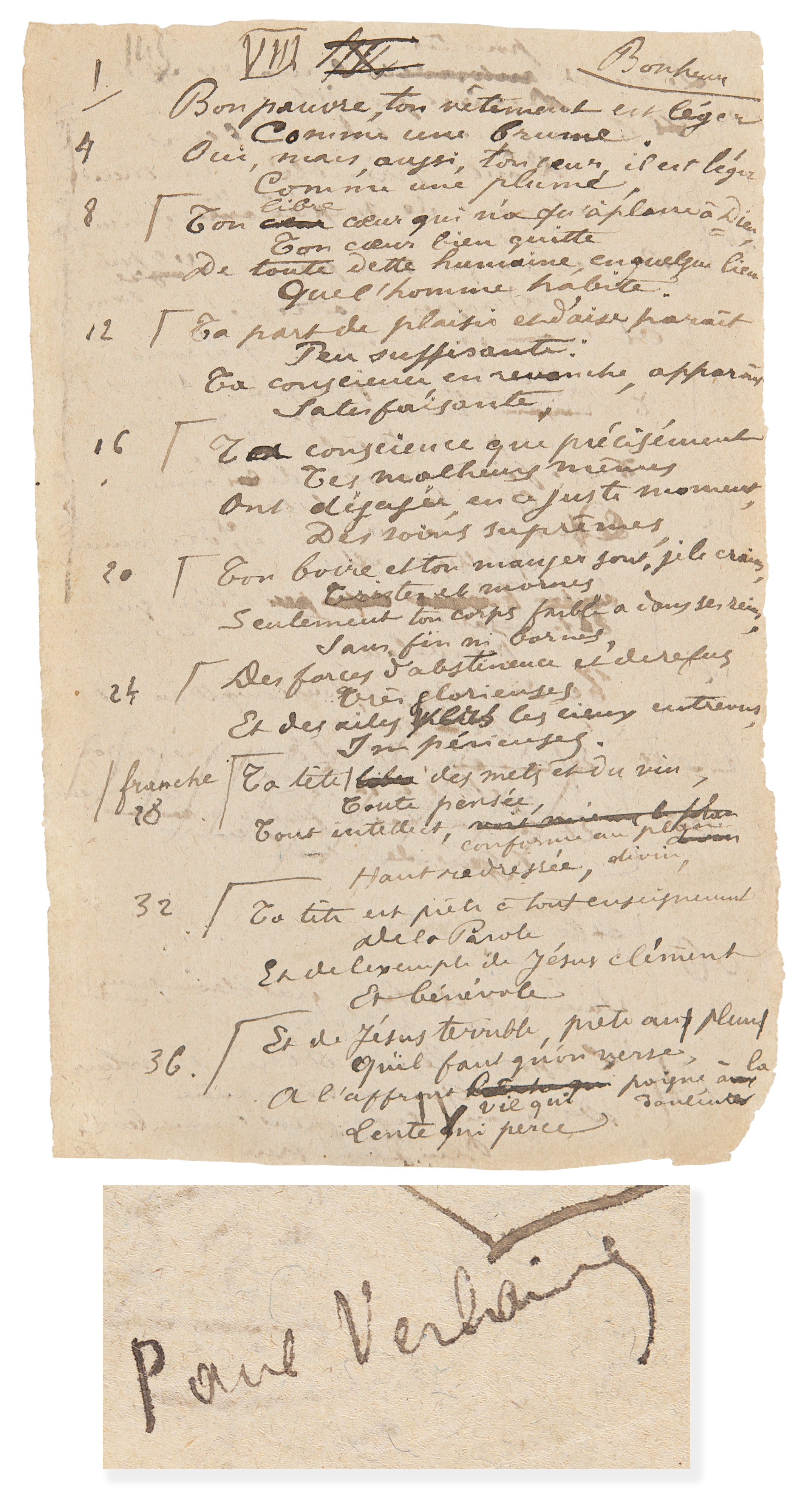 Lot #449 Paul Verlaine Autograph Manuscript Signed - Draft of a Poem for 'Bonheur' - Image 1