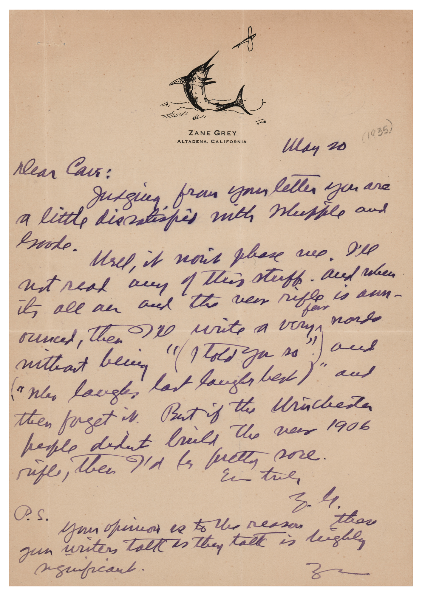 Zane Grey Autograph Letter Signed on a Winchester Rifle | RR Auction