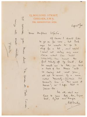 Lot #431 A. A. Milne Autograph Letter Signed on Winnie the Pooh: "Of course I should like to go on for ever, but Pooh says he wants to go to sleep for a bit" - Image 1