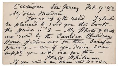 Lot #450 Walt Whitman Autograph Letter Signed: "My photo & autograph are sold by the Camden Children's Home" - Image 1