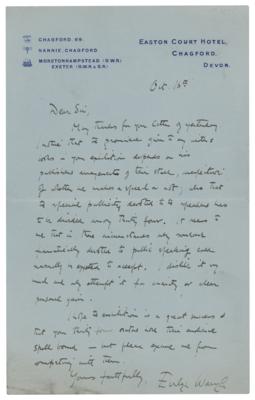 Lot #518 Evelyn Waugh Autograph Letter Signed, Declining a Speaking Engagement: "Only someone fanatically devoted to public speaking could reasonably be expected to accept" - Image 1