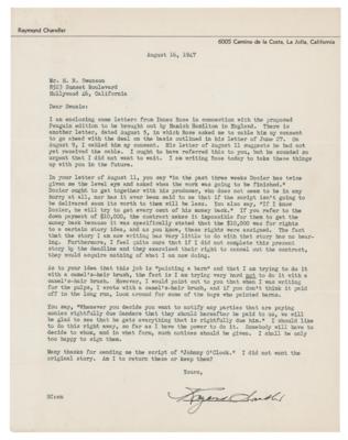 Lot #471 Raymond Chandler Typed Letter Signed: "When I was writing for the pulps, I wrote with a camel's-hair brush" - Image 1