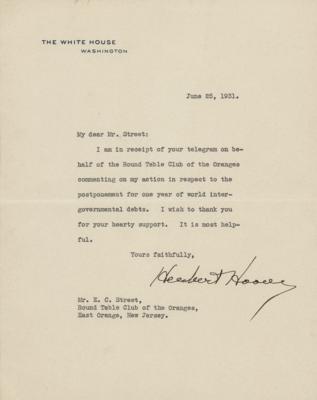 Lot #64 Herbert Hoover Typed Letter Signed as President: "In respect to the postponement for one year of world inter-governmental debts" - Image 1