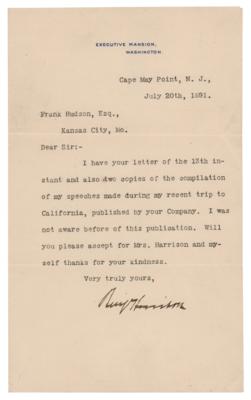 Lot #58 Benjamin Harrison Typed Letter Signed as President, Sending Thanks for "the compilation of my speeches made during my recent trip to California" - Image 1