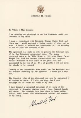 Lot #50 Gerald Ford Typed Letter Signed on a Presidential Group Photo with Nixon, Carter, Bush, and Nixon - “The unique photograph taken at the White House in 1981…has become commercialized and cheapened” - Image 1