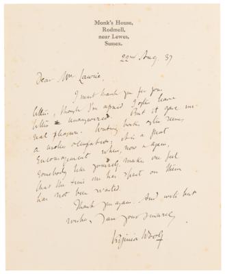 Lot #452 Virginia Woolf Extraordinary Autograph