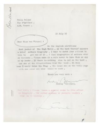 Lot #460 Ludwig Bemelmans Twice-Signed Typed Letter: "I find biographies of authors ever so tiresome. Please make it a rule never to have them on any of my books...wrap me in Mystery" - Image 1