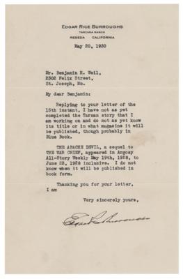 Lot #468 Edgar Rice Burroughs Typed Letter Signed: "I have not as yet completed the Tarzan story that I am working on" - Image 1