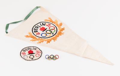 Lot #3344 Berlin 1936 Summer Olympics Souvenirs (3) Pennant, Patch, and Pin - Image 1