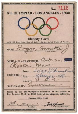 Lot #3334 Los Angeles 1932 Summer Olympics Identity Card for Gold Medalist Annette Rogers - Image 1