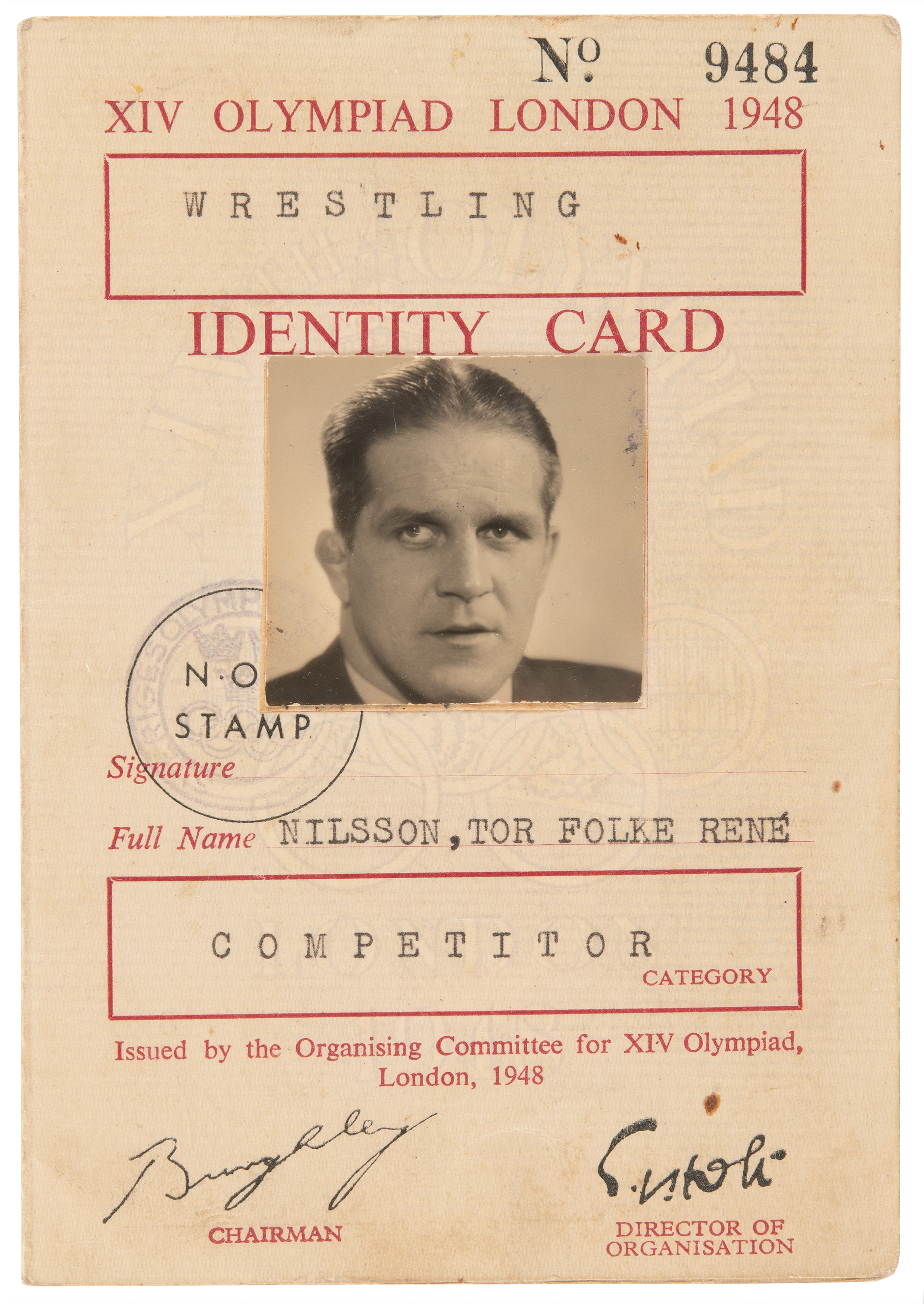 Lot #3348 London 1948 Summer Olympics Competitor Identity Card for Swedish Wrestler Tor Nilsson - Image 1