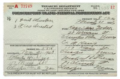 Lot #472 Prohibition: 1923 Liquor Prescription for