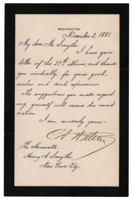 Lot #103 Chester A. Arthur Letter Signed as President on Black-Bordered Mourning Stationery, Following Garfield's Death - Image 1