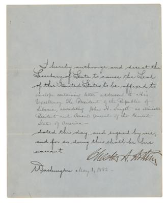 Lot #102 Chester A. Arthur Document Signed as President, Addressing a Letter to the President of Liberia - Image 1