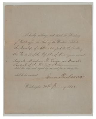 Lot #110 James Buchanan Document Signed as President, Announcing Former Texas President Mirabeau B. Lamar as US Minister to the President of Nicaragua - Image 1