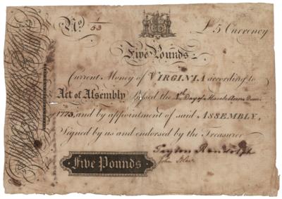 Lot #479 Peyton Randolph and John Blair, Jr. Signed Virginia Colonial Currency - Image 1