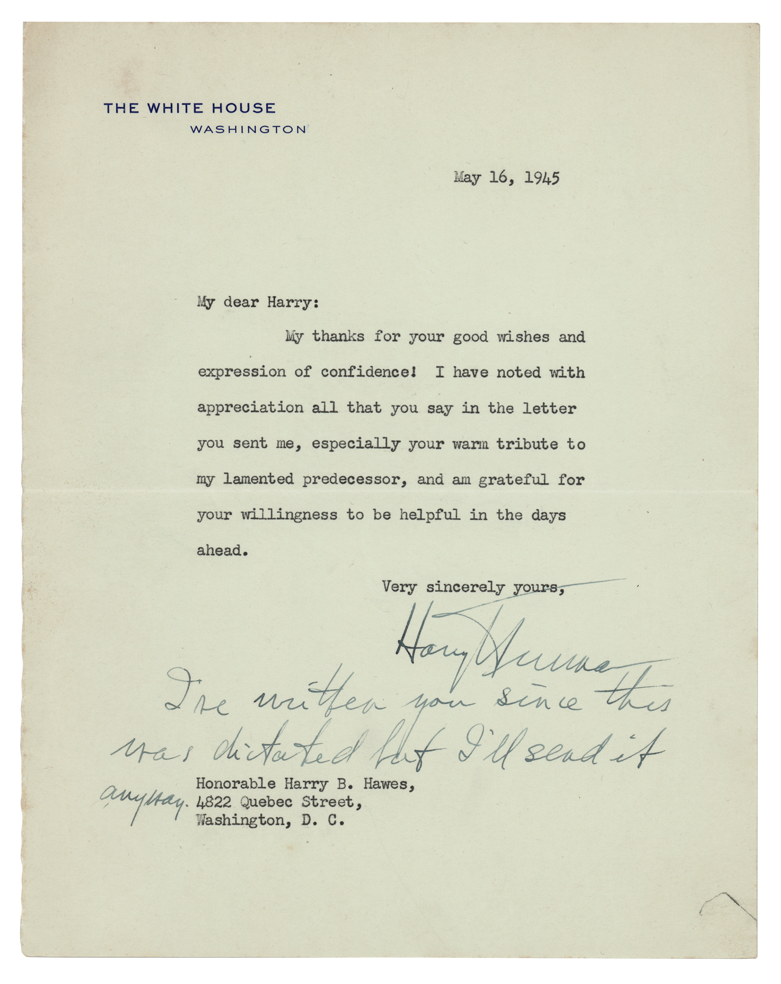 Truman Letters Harry S. Truman Typed Letter Signed as President, Sending Thanks for a