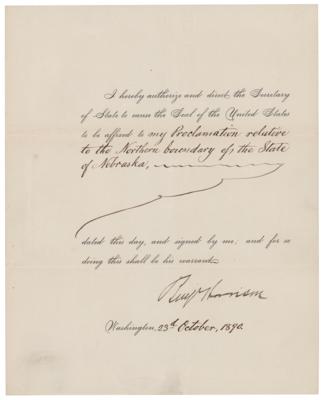 Lot #54 President Benjamin Harrison Abolishes Indian Title to Extend the Northern Boundary of Nebraska - Image 1