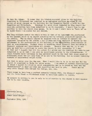 Lot #606 Frank Lloyd Wright Typed Letter Signed on