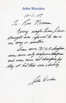 Lot #923 John Wooden Autograph Letter Signed: "Every single team I ever taught was special to me in one way or another" - Image 1