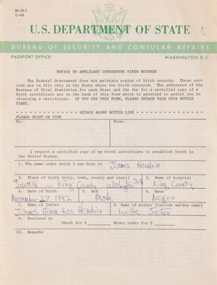 Lot #718 Jimi Hendrix Filled Out and Signed 1967 ‘Birth Certificate’ Application, a Requisite for Musicians’ Union Membership - Image 2