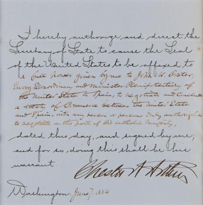 Lot #50 Chester A. Arthur Document Signed as President, Authorizing a Diplomat to Negotiate a Treaty of Commerce with Spain - Image 2