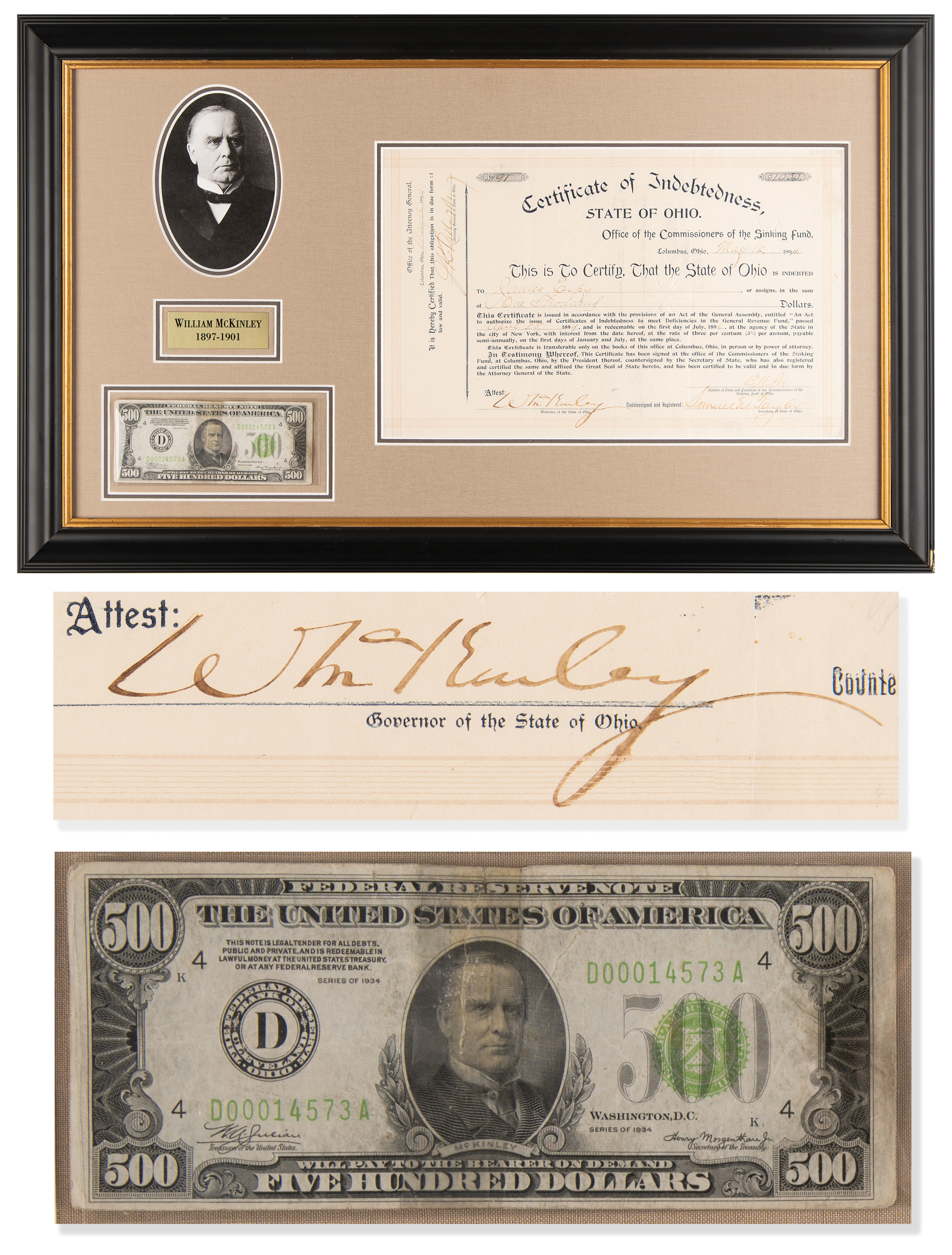 Lot #55 William McKinley Document Signed and $500 Bill - Image 1