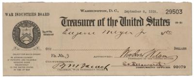 Lot #64 Woodrow Wilson Signed 'Dollar-a-Year Man' Check as President to Eugene Meyer for His "Patriotic and Valuable Services" as Director of the War Finance Corporation - Image 1