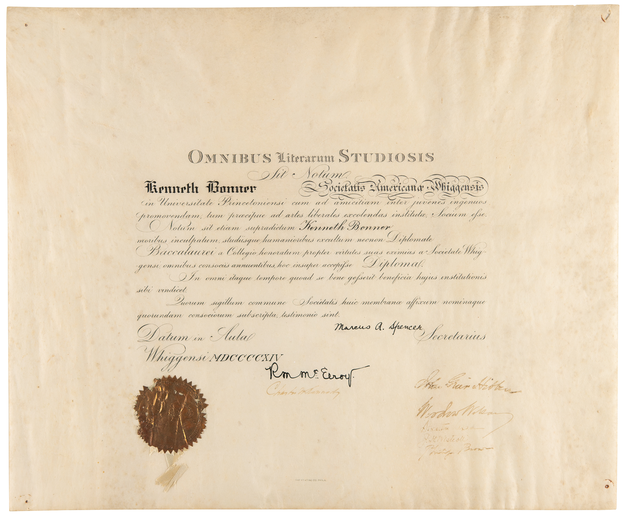 Lot #307 Woodrow Wilson Document Signed - Princeton University 'Societas Americana Whiggensis' Diploma - Image 1