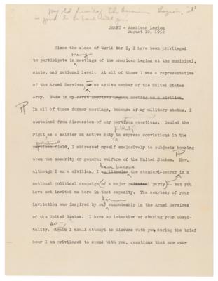 Lot #68 Dwight D. Eisenhower Hand-Edited Typescript for an American Legion Speech on the Soviet Threat, Delivered During His 1952 Presidential Campaign - Image 2