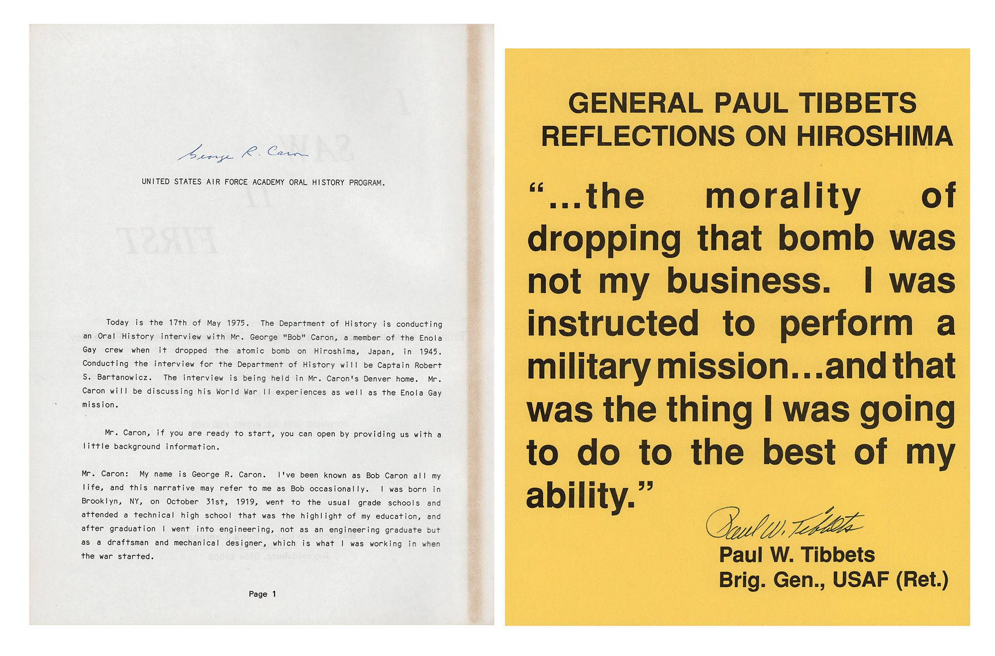 Enola Gay: Paul Tibbets and George R. Caron (2) Signed Items | RR