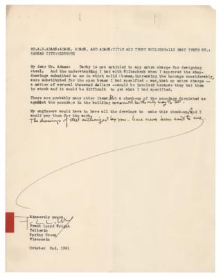 Lot #412 Frank Lloyd Wright Typed Letter Signed