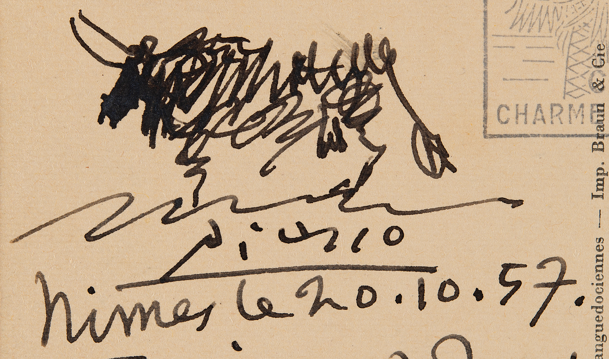 Pablo Picasso Signed Sketch on Postcard to Man Ray - 