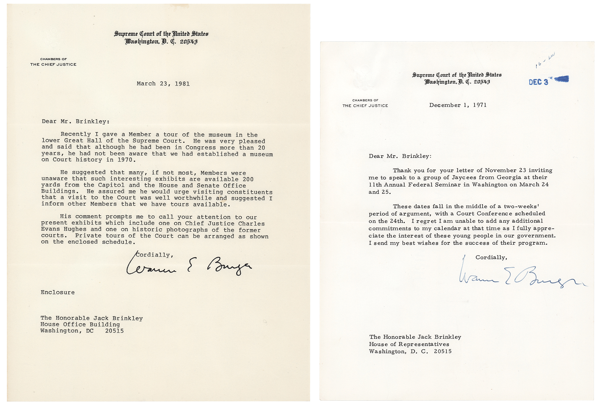 Warren E. Burger (2) Typed Letters Signed | RR Auction