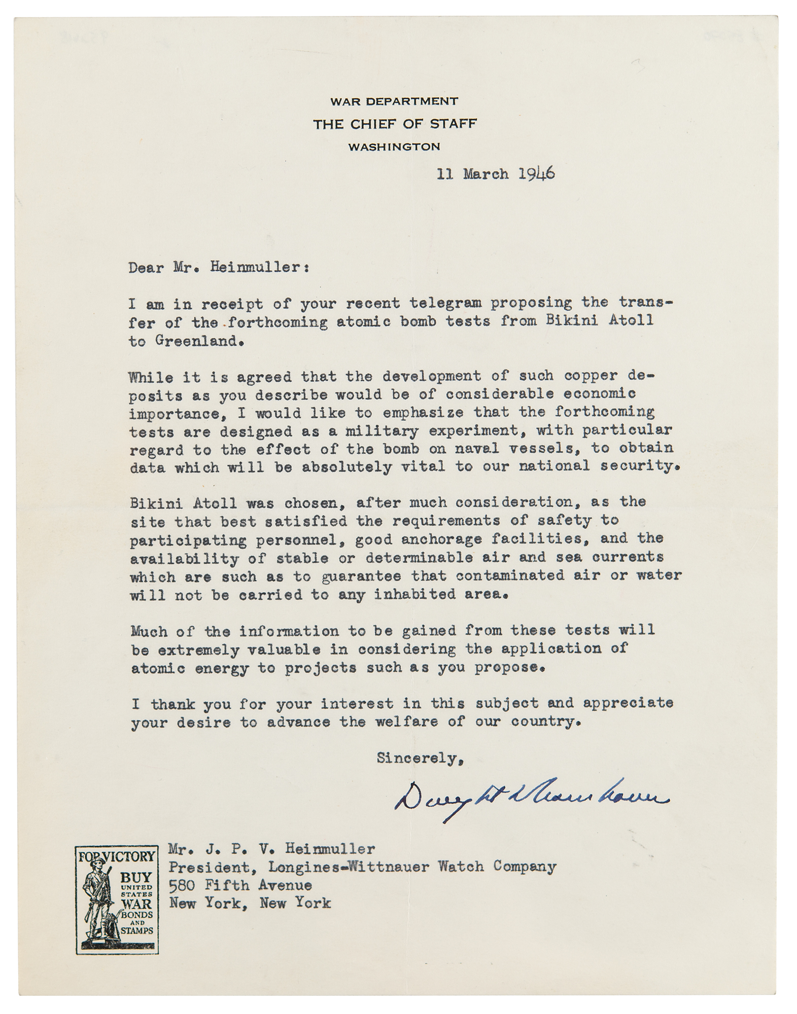 Dwight D. Eisenhower Typed Letter Signed on Bikini Atoll Atomic Bomb