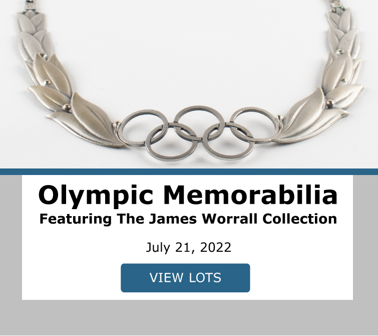 Olympic Memorabilia Featuring James Worrall Collection. Bidding Closes July 21. 