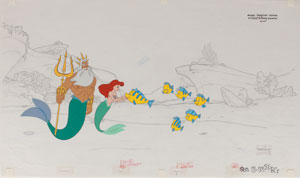 Lot #761 Ariel, King Triton, and Flounder pan production cel and layout drawing from The Little Mermaid II - Image 1