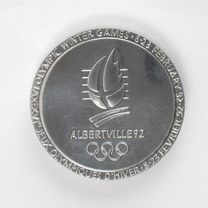 Lot #9126 Albertville 1992 Winter Olympics Chrome-Plated Steel Participation Medal - Image 2