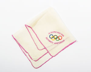 Lot #3033  Amsterdam 1928 Summer Olympics Lavender Glass and Handkerchief - Image 1