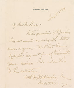Lot #2034 Herbert Hoover Autograph Letter Signed