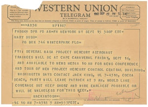 Lot #6066 Mercury 7 Original 1960 Telegram - Image 1