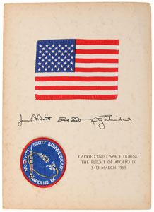 Lot #6222 Dave Scott’s Apollo 9 Flown Flag and Patch Signed Presentation - Image 1