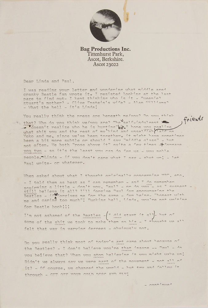 Lot #7015 John Lennon Typed and Hand-Annotated Letter
