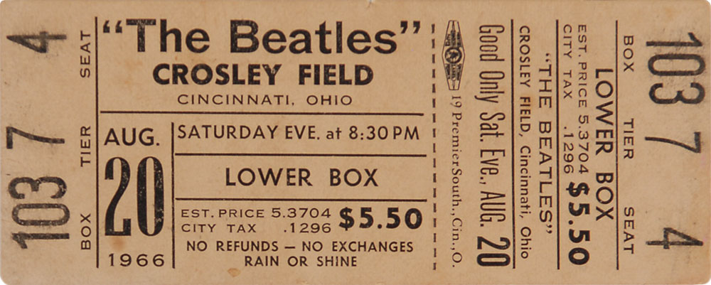 Lot #7042 Beatles 1966 Crosley Field Unused Concert Ticket