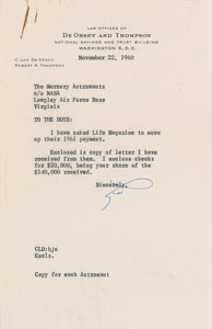 Lot #371 Mercury Astronauts LIFE Magazine Payment Letter - Image 1