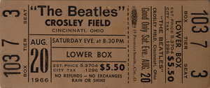 Lot #7044 Beatles 1966 Crosley Field Unused Concert Ticket - Image 1