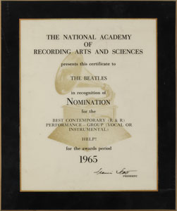 Lot #7038 Beatles 1965 'Help!' Grammy Nomination