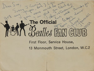 Lot #7026 George Harrison Twice-Signed Handwritten Letter on Fan Club Photograph
